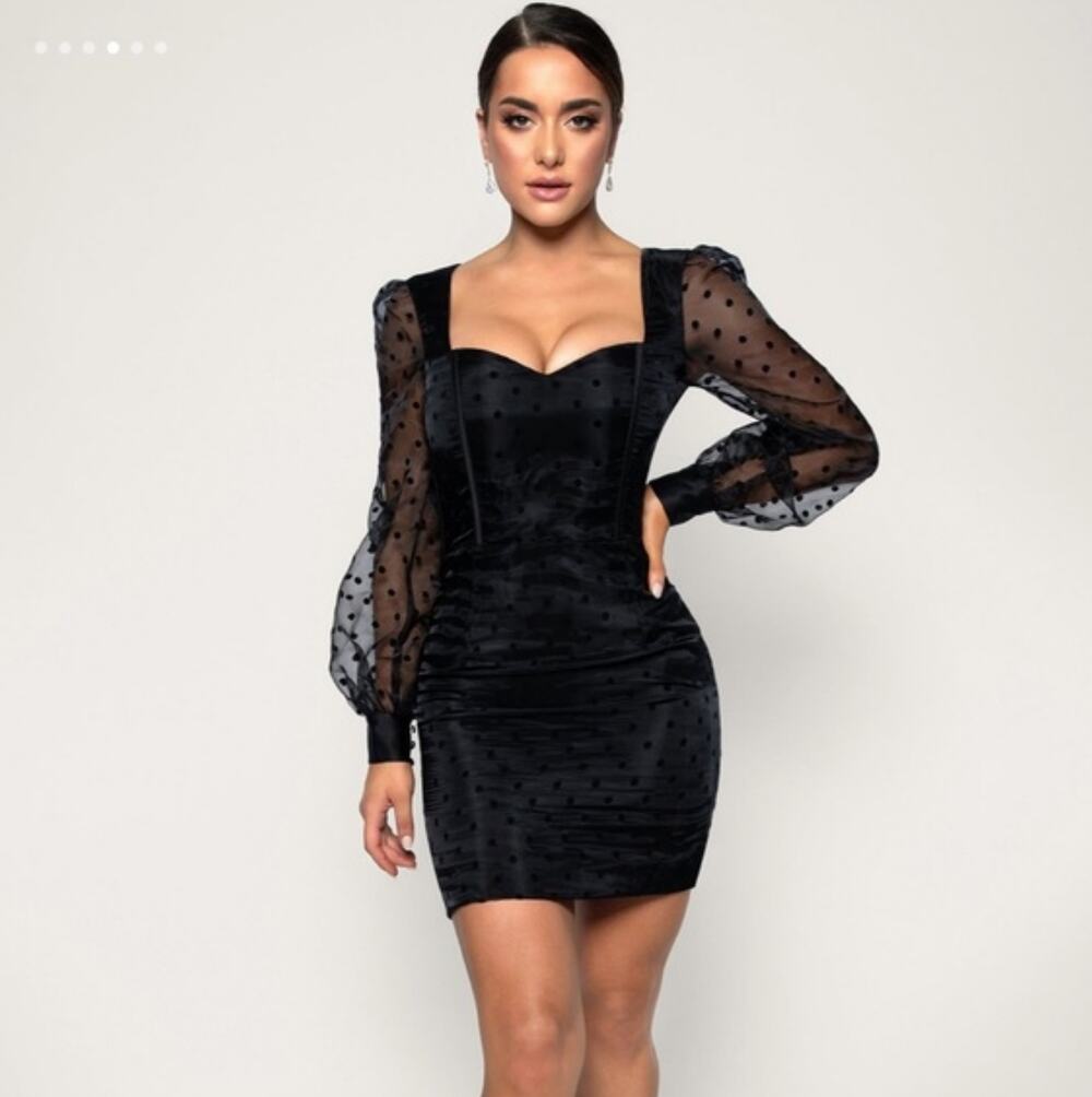 NWT Meshki Gracelyn Polka Dot Puff Sleeve Mini Dress Black Women's Size XS